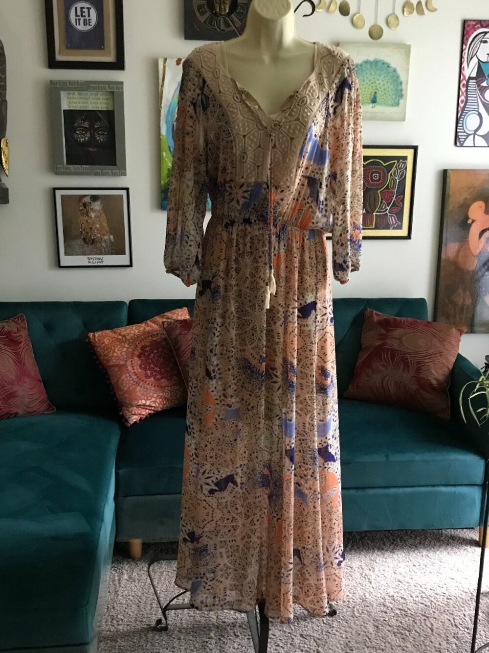 DR2 size M Orange Blue Geometric Print Crochet Yoke Chiffon Maxi Dress NWT Boho